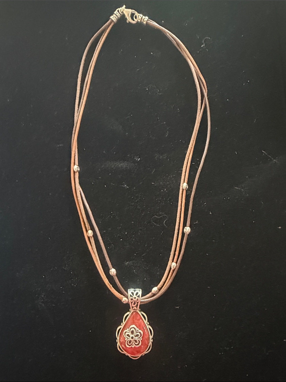 Silpada Retired Red Jasper Teardrop Pendant Necklace with Brown Cord